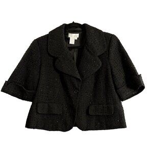 Spiegel Women Sequence Blazer Sz 12 Black Short Cuff Sleeves Wool Elegant C-20